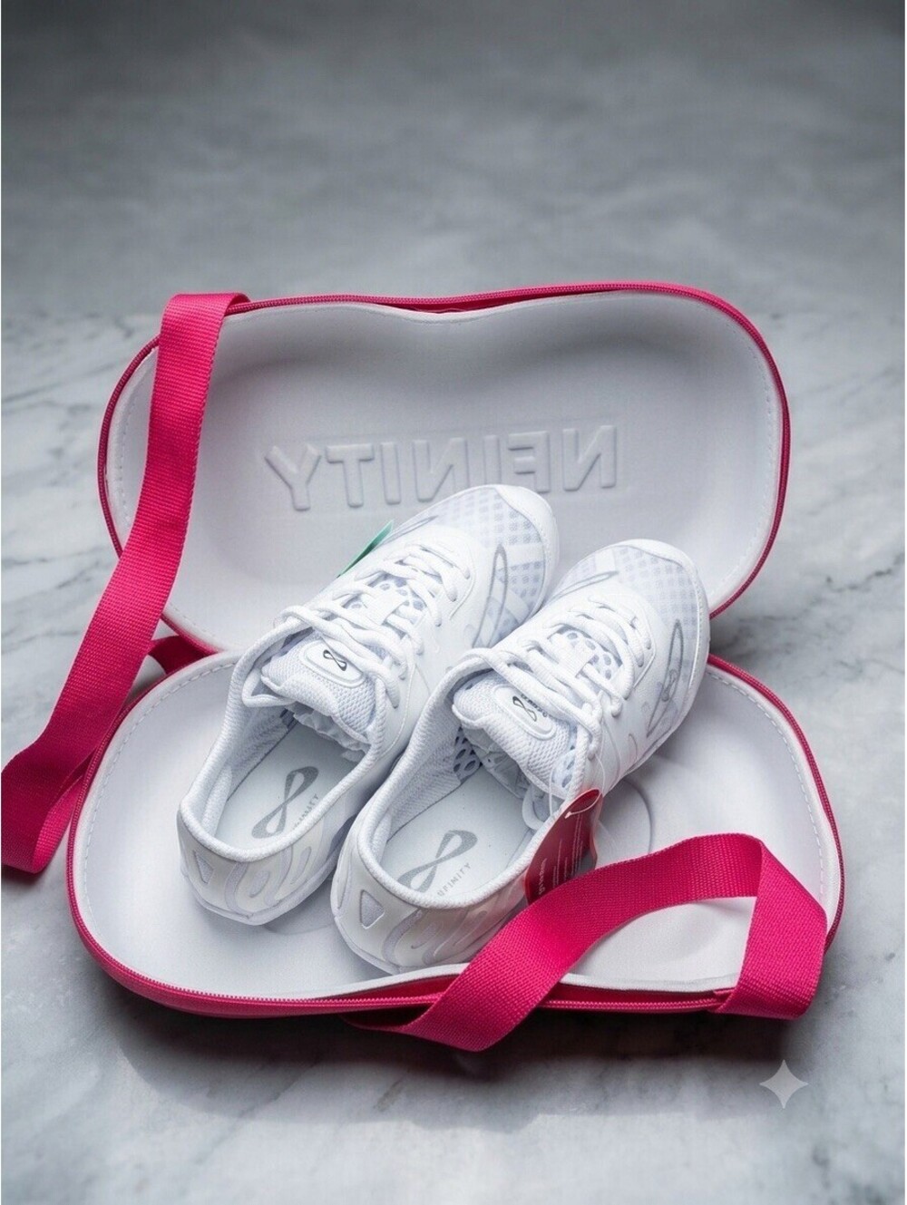 Nfinity White Cheer Shoes Women's Size 8 with Hard Carrying Case (NEW)